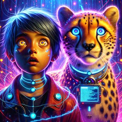 The primary subject of the image is a young boy with blue eyes and a red jacket. He is standing next to a large cat, which appears to be a cheetah. The setting is a futuristic environment, with the boy and the cat surrounded by a purple and blue background. The visual style is a digital art or illustration, creating a vibrant and colorful atmosphere. The dominant colors are purple, blue, and red, giving the scene a futuristic and lively mood.